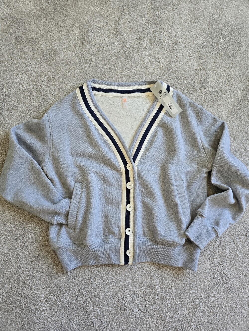 Mono B Light Gray V-Neck Button Cardigan with Striped Trim NWT